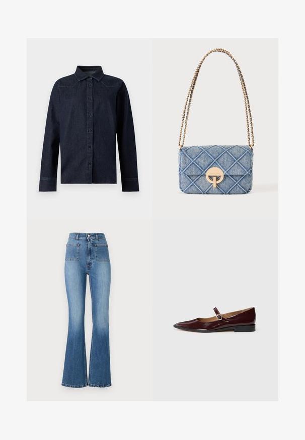 Chemise en denim bleu foncé à manches longues, boutonnée sur le devant, col pointu, avec des détails de couture simples aux épaules et aux poignets.; Jean en denim bleu évasé avec taille haute, comportant deux poches arrière et un délavage. L'ourlet est cousu avec un design subtil.; Ballerines en cuir verni bordeaux de type Mary Jane avec un bout pointu, un talon plat et une sangle décorative avec une boucle circulaire.; Sac d'épaule en denim bleu matelassé avec bandoulière chaîne dorée et fermeture à boucle circulaire dorée sur le rabat avant.