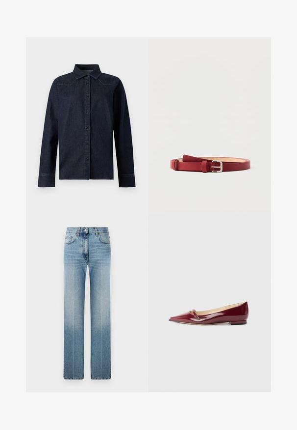 Dunkelblaues Denim-Hemd mit langen Ärmeln, Knopfleiste vorne, spitzem Kragen und einfachen Nahtdetails an Schultern und Manschetten.; Hellblaue gerade geschnittene Jeans aus Denim mit dezentem Verblassen, klassischem Fünf-Taschen-Design und einem Metallknopfverschluss an der Taille.; Burgunderfarbene Lacklederballerinas mit spitzem Zehenbereich, ausgestattet mit einem kleinen Ausschnitt und einem niedrigen Absatz. Glatte Textur und elegantes Design.; Roter Ledergürtel mit silberner rechteckiger Schnalle, geschlossenem Ende und glatter Textur, aufgerollt flach auf weißem Hintergrund dargestellt.