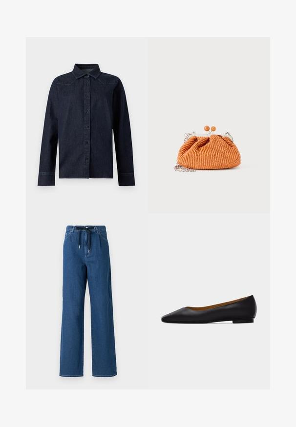 Mørkeblå denimskjorte med lange ærmer, knapper foran, spids krave og enkle syningsdetaljer på skuldre og manchetter.; Bredde ben mørkeblå denimbukser med snoreliv og forlommer. Stofmet har en glat tekstur med subtile syninger.; Sort læder flad sko med spids tå, lav hæl og glat finish, vist fra siden på en lysegrå baggrund.; Lille orange flettet clutch-pung med sølvmetalramme, rund lukning og en sølvkæde-rem på en hvid baggrund.