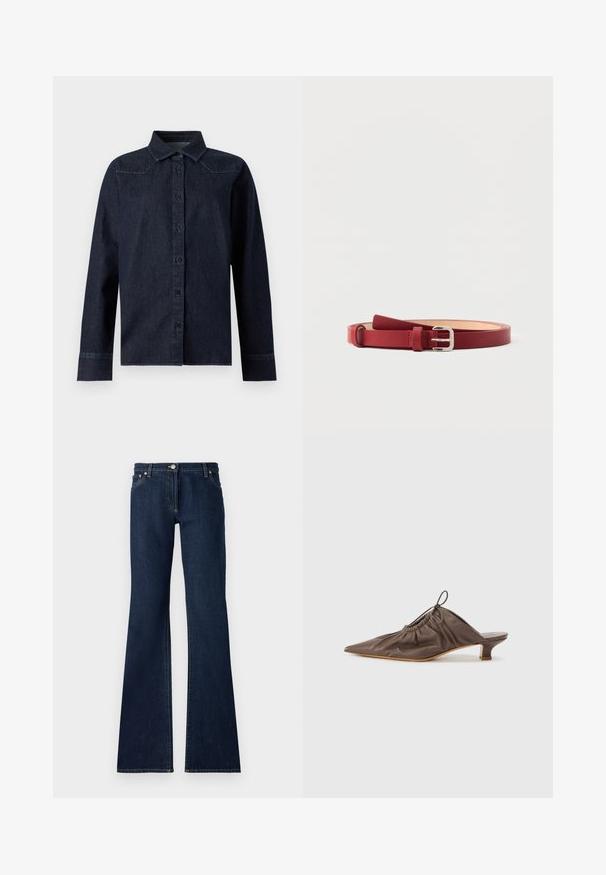 Chemise en denim bleu foncé à manches longues, boutonnée sur le devant, col pointu, avec des détails de couture simples aux épaules et aux poignets.; Jean flare bleu foncé en denim, dotés d'un design à cinq poches, de passants de ceinture et de coutures jaunes contrastées le long des coutures.; Mule en cuir marron avec un bout pointu, texture froncée, petit talon et un accent de cordon de serrage à l'ouverture. Fini lisse.; Ceinture en cuir rouge avec boucle rectangulaire argentée, extrémité en boucle et texture lisse, présentée enroulée à plat sur fond blanc.