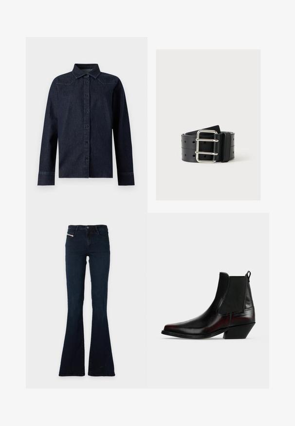 Chemise en denim bleu foncé à manches longues, boutonnée sur le devant, col pointu, avec des détails de couture simples aux épaules et aux poignets.; Jean bleu foncé taille haute avec jambe évasée, poches avant et fermeture par bouton et zip.; Bottine en cuir noir à bout pointu, panneaux latéraux élastiques, languette à l’arrière, et talon bloc incliné sur un fond uni.; Ceinture en cuir noir roulée avec une double boucle en métal argenté et plusieurs trous de réglage sur un fond uni.