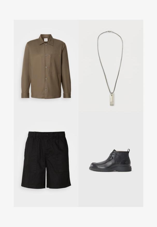 Brun skjorte med knaplukning og krave, lange ærmer, en brystlomme og glat tekstur. Har grå knapper foran.; Sorte shorts med elasticiseret talje og knaplukning. Har to store sidelommer med et struktureret stof. Casual design.; Sorte læder ankelstøvler med rund tå, snørelukning og en løkke bagpå. Tekstureret overdel og gummisål.; Sølv kædemynt med et rektangulært vedhæng med teksturerede linjer. Vedhænget er sikret med en løkke; kæden har et glat, fleksibelt design.