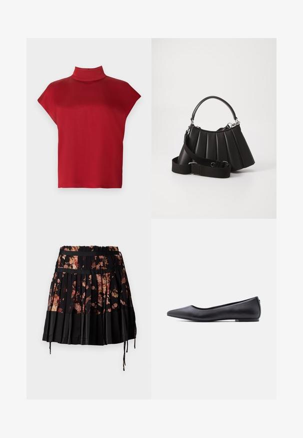 Top rojo sin mangas con cuello alto, confeccionado en tela suave. Presenta un ajuste relajado y un diseño minimalista. Sin estampados ni adornos.; Falda plisada negra con diseño floral en tonos de rosa y naranja, con una cinturilla ancha y cordones ajustables en el dobladillo.; Zapato plano de cuero negro con punta puntiaguda y tacón bajo, mostrado de perfil contra un fondo blanco.; Bolso de mano negro con pliegues, manejo redondeado, correa ajustable y textura brillante. Presenta herrajes plateados y una silueta estructurada.