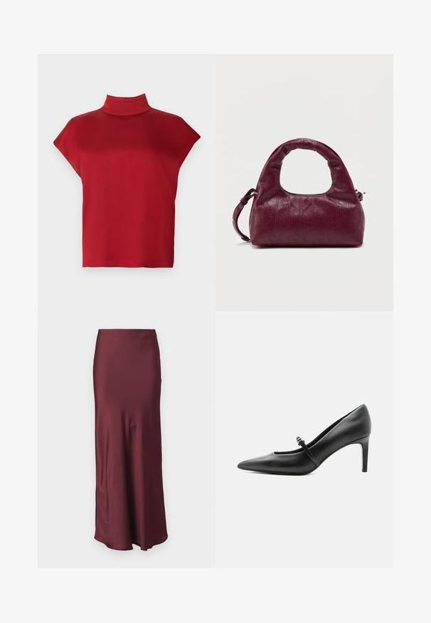 Rotes, ärmelloses Top mit hohem Kragen, gefertigt aus glattem Stoff. Verfügt über eine lockere Passform und ein minimalistisches Design. Keine Muster oder Akzente.; Burgunder satinhult lange Rock mit tailliertem Bund und ausgestellt Saum, der eine glatte Textur aufweist und keine sichtbaren Muster oder Verzierungen hat.; Schwarzer Leder-Pumps mit spitzer Zehenpartie, dünnem Riemen und Schnalle über dem Spann, stehend auf hellem neutralem Hintergrund.; Burgunderfarbene Ledertasche mit einem runden Griff, geprägtem Diamantmuster, abnehmbarem Schultergurt und dezenten goldenen Hardware-Akzenten.