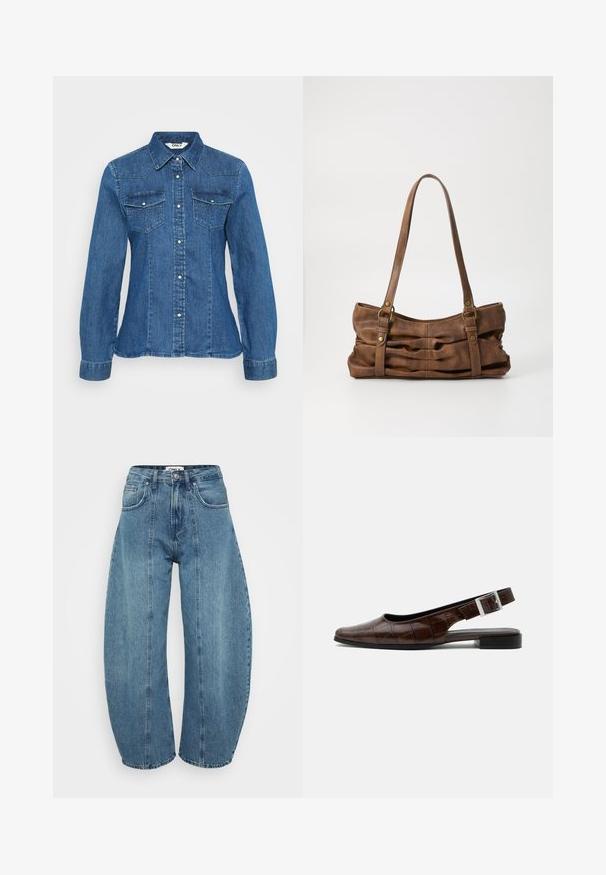 Denim-paita, jossa on napitettava etuosa, terävä kaulus ja kaksi rintataskua. Ominaisuudet tekstuuri, jossa on koristeommelta keskisinisessä värissä.; Vaaleansiniset korkeavyötäröiset farkut, joissa on leveä lahje, viisi taskua ja ompeluyksityiskohtia. Suora pinta, jossa on siisti viimeistely.; Tummanruskea nahkainen slingback-mallinen matala kenkä, jossa on neliömäinen kärki, krokotiilikuosi ja hopeinen solki remmissä.; Even&Odd Käsilaukku - brown