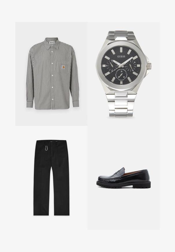 Schwarz-weiß gestreiftes Langarmhemd mit button-down Kragen. Verfügt über eine Brusttasche mit einem beigen Logo-Patch.; Schwarze Hose aus gewebtem Stoff mit geradem Bein, zwei seitlichen Taschen, einem Reißverschluss vorne und einem äußeren Schlaufen-Detail.; Schwarze Leder-Penny-Loafer mit strapazierfähiger Gummisohle und Mokassin-Stich, seitlich auf einem weißen Hintergrund dargestellt.; Edelstahl-Armbanduhr mit einem schwarzen strukturierten Zifferblatt. Zu den Merkmalen gehören silberfarbene Stundenmarkierungen, Chronographen-Subzifferblätter und ein robustes Design.