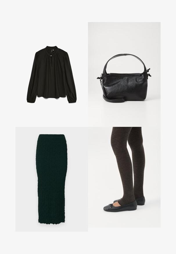 Blouse noire à manches longues avec un col rond froncé, présentant un subtil détail de bouton et une silhouette fluide, confectionnée dans un tissu léger.; Jupe sombre verte, texturée, longueur genou avec une silhouette ajustée et un ourlet ondulé. Le matériau semble froissé avec une finition lisse.; Jambes portant des leggings côtelés foncés associés à des ballerines noires avec de petits détails en nœud sur fond blanc.; Sac à main en cuir noir au design structuré, avec une poignée arrondie et une bandoulière amovible. Présente une texture lisse et un éclat subtil.