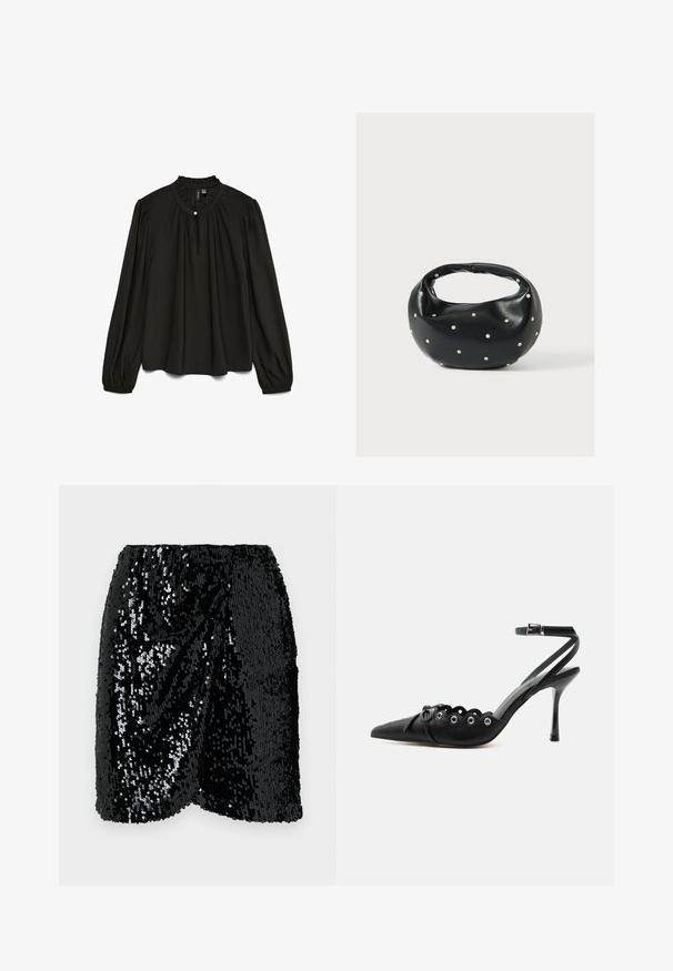 Blusa negra de manga larga con un escote redondo fruncido, que presenta un sutil detalle de botón y una silueta fluida hecha de tejido ligero.; Mini falda de lentejuelas negras con cintura elástica. Presenta un diseño drapeado, superficie brillante y un dobladillo ondulado para añadir textura.; Zapato de tacón alto negro con punta fina, bordes ondulados, ojales metálicos, cordones delanteros y una correa en el tobillo con cierre de hebilla.; Bolso de mano de cuero negro con forma redondeada, decorado con detalles de tachuelas plateadas y un asa corta. Textura lisa y cierre con cremallera.