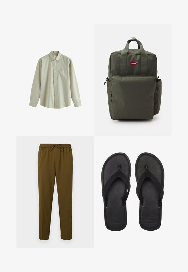 Hellgrünes, langärmliges Hemd mit Knopfverschluss aus Baumwolle. Verfügt über eine Tasche auf der linken Brustseite und ein klassisches Kragen-Design.; Olivengrüne, leichte Hosen mit elastischem Bund und verstellbarem Kordelzug. Mit geraden Beinen und ohne Taschen. Glatte Textur.; Schwarze Flip-Flops aus glattem Material, mit einem Riemen im Zehensteg-Stil, strukturiertem Fußbett und geprägtem Logo auf der Sohle.; Olivgrüner Rucksack aus strapazierfähigem Material, mit einer Fronttasche, zwei Seitentaschen und einem roten Levi's-Logo auf der Vorderseite.