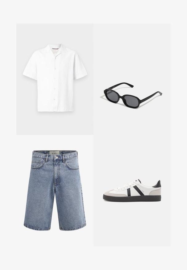 Weißes Kurzarmhemd aus strukturiertem Stoff. Verfügt über einen Schalkragen und fünf Knöpfe auf der Vorderseite mit einem geraden Saum. Leichtes Design.; Hellblaue Jeansshorts mit Fronttaschen, Gürtelschlaufen, Knopfverschluss und einem Etikett im Taillenbund mit der Aufschrift "REBEL".; Weiße Sneaker mit schwarz- und grau-aczenten, ausgestattet mit einer strukturierten grauen Zehenkappe, schwarzer Gummi-Sohle und flachen weißen Schnürsenkeln. Sauberes Design, minimalistische Stil.; Zign Sonnenbrille - black