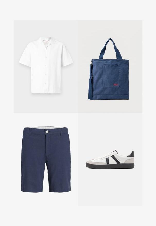 Chemise blanche à manches courtes en tissu texturé. Elle possède un col à cran et cinq boutons sur le devant, avec un ourlet droit. Design léger.; Shorts bleu marine jusqu'aux genoux avec fermeture à boutons, passants pour ceinture et poches avant, conçus pour une tenue décontractée.; Baskets blanches avec des accents noirs et gris, présentant un embout texturé gris, une semelle en caoutchouc noir et des lacets plats blancs. Design épuré, style minimaliste.; Sac fourre-tout en toile bleue avec poche frontale et broderie rouge "O.N.S", doté de doubles poignées et d'une bandoulière réglable.