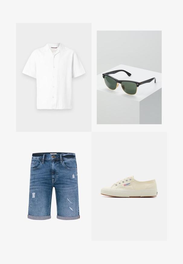 Witte shirt met korte mouwen, gemaakt van een gestructureerde stof. Voorzien van een notch-kraag en vijf knopen aan de voorkant met een rechte zoom. Lichtgewicht ontwerp.; Denim shorts in medium blue met verweerde details, omgeslagen zoom, vijf zakken en een metalen knoopsluiting. Standaard pasvorm.; Beige canvas sneaker met een laag profiel, metalen oogjes en rubberen zool. Beschikt over een textuurpatroon en logodetail aan de zijkant.; Ray-Ban zonnebrillen met groene lenzen, zwarte plastic monturen en gouden accenten aan de randen. Vierkante vorm met een matte afwerking.