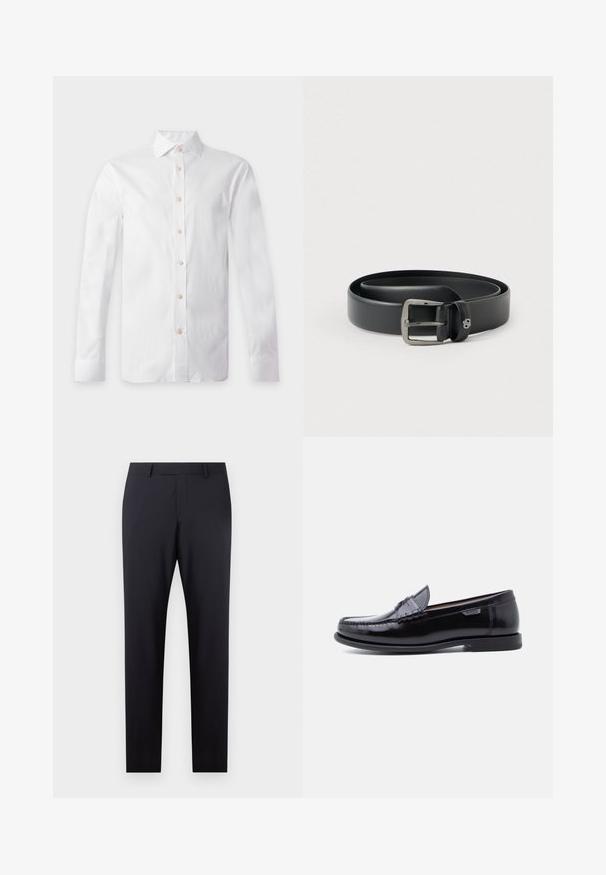 Hvid langærmet skjorte med beige knapper, spids krave og knappede manchetter, vist fladt på en lys baggrund.; Mørkeblå skræddersyede bukser med flad front, slim fit, sidelommer og en glat tekstur; ingen synlige mønstre eller dekorative elementer.; Sorte læderloafer med en blank finish, der har et syet mønster på tåen og en lav, tekstureret sort gummisål.; Sort læderbælte med en skinnende sølvfarvet metalspænde, glat tekstur og syninger langs kanterne. Har en løkke til at sikre bæltets ende.