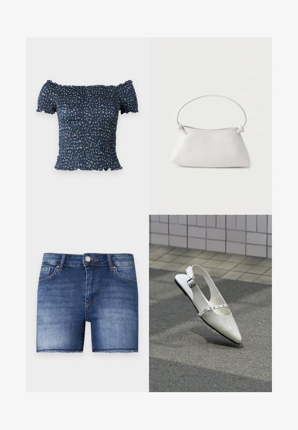 Laivansininen olkaimeton paita, joka on valmistettu ryppyisestä kankaasta ja jossa on kukkakuosi pienillä valkoisilla ja vihreillä kukilla. Pehmeä materiaali, lyhyet hihat.; Denim-shortsit keskikokoisessa sinisessä pesussa suoran leikkauksen kanssa. Ominaisuuksiin kuuluu haalistuneita kohtia, etupocket ja raaka helma alaosassa.; Valkoinen kärjellinen slingback-tasapohjakenkä, jossa kaksi hopeista solkea, kuvattu ulkona teksturoidun maan ja laatoitetun seinän taustalla.; Valkoinen kudottu nahkalaukku pyöreällä kahvalla ja solmukoristeisilla hihnoilla, esillä yksinkertaista taustaa vasten.