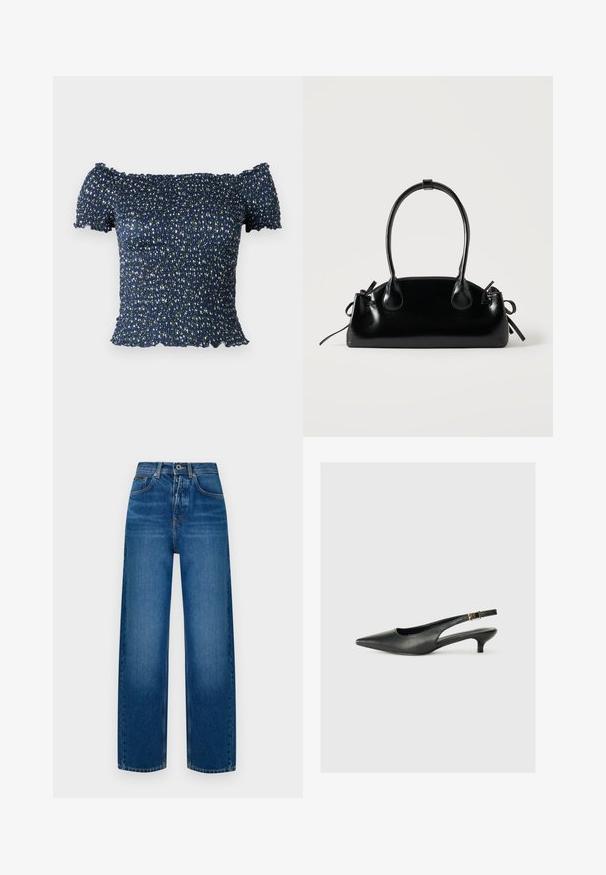 Marineblauwe off-the-shoulder top van smock stof, met een bloemenpatroon van kleine witte en groene bloemen. Zachte textuur, korte mouwen.; Wijdvallende denim jeans in vervaagd blauw. Voorzien van een knoopsluiting, klassiek vijf-pocket ontwerp en een zachte, gestructureerde afwerking.; Zwarte puntschoen met slingback van soepel leer. Kenmerkt zich door een dunne hak en een gespdetail op de verstelbare band.; Kleine zwarte glanzende handtas met twee lange hengsels en zijkant trekkoord details op een effen lichte achtergrond.