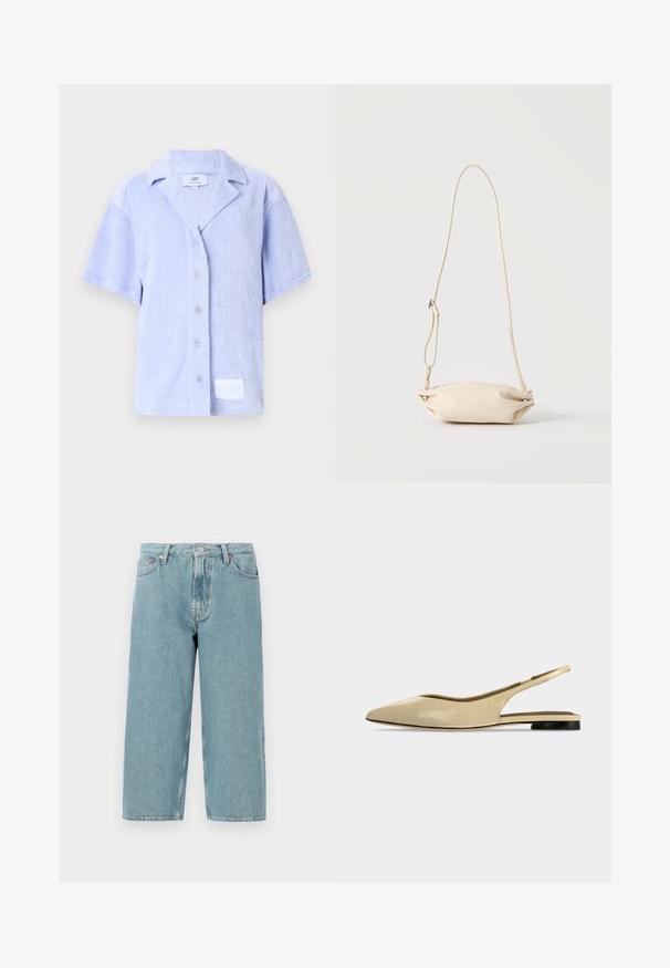 Heled kätistega nööbiga särk helesinises terry kangas, millel on peen muster ja logopatch hemmed. Omab klassikalist kraed.; Heledad sinine denim lühikesed püksid kõrge talje, sirge lõike ja toore äärega. Omad klassikalise nööbi ja lukuga kinnituse, neli taskut.; Beež värvi terava nina, madala musta kontsaga ja sileda nahkpinna ning rihmaga tasapinnaline king side-vaates tavalise taustaga.; Väike beež nahast rihmkott reguleeritava rihmaga, esitatud ühevärvilise heleda tausta ees.