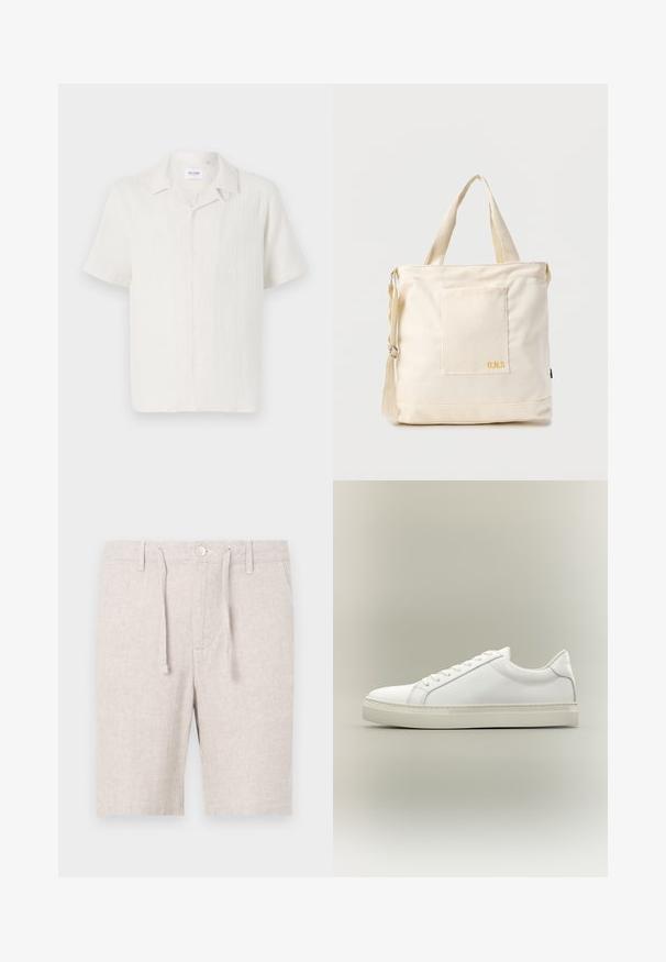 Kortærmet skjorte med knapper i lys cremefarve, der har et subtilt tekstureret mønster og en klassisk kravedesign.; Lys grå shorts lavet af tekstureret stof med et fiskebensmønster. Har en elastisk talje, snor og sidelommer.; Hvid lavtop sneaker med snørebånd foran og tyk sål, vist fra siden mod en neutral baggrund.; Kremfarvet lærredstote-taske med frontlomme, to håndtag, justerbar skulderrem og lille gul "O.N.S" tekst i nederste højre hjørne af lommen.