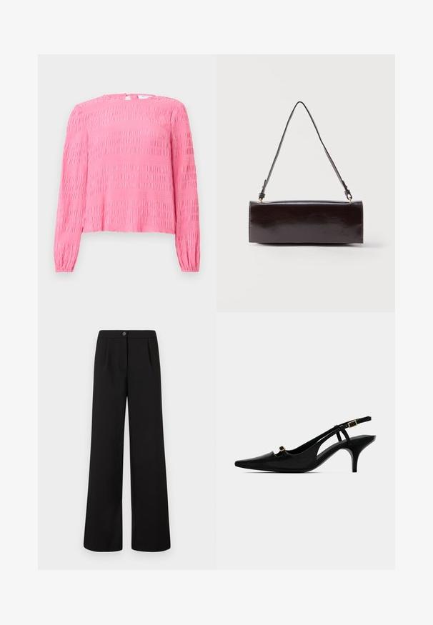 Blouse rose à manches longues avec tissu texturé et froncé, petite fermeture à bouton au dos du col, présentée sur un fond blanc plat.; Pantalons larges noirs taille haute avec bouton et fermeture éclair à l'avant, comportant des plis subtils sous la ceinture.; Pompe slingback noire à bout pointu avec un talon courbé bas et une petite boucle dorée sur la sangle avant et la sangle de la cheville.; Sac à main rectangulaire en cuir noir avec une longue bandoulière unique et une finition brillante, présenté sur un fond blanc uni.