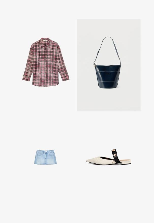 Overhemd met lange mouwen en knopen, met een roze, zwarte en witte geruite patroon, voorzien van een klassieke kraag en bruine knopen aan de voorkant.; Denim mini-jurk in lichtblauw, met een rechte snit, vijf zakken en een knoopsluiting aan de voorkant met riemlussen. Gladde textuur.; Platenschoenen met spitse neus, een bovenwerk van roomwit leer, een zwarte band met decoratieve gouden accenten en een lage blokhak.; Donkerblauwe leren buideltas met witte stiksels, verstelbare schouderriem en klein gouden merkembleem op het middenvoor.