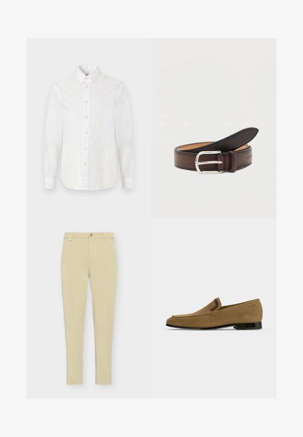 Chemise blanche à manches longues avec col pointu et boutons beiges, présentée sur un fond gris clair uni.; Pantalon beige coupe slim avec passants pour ceinture, fermeture à boutons et poches avant, présenté à plat sur un fond clair.; Mocassin homme en daim marron clair avec bordure tressée foncée, semelle plate noire et petit talon, présenté de profil sur fond blanc.; Ceinture en cuir marron foncé roulée avec une boucle rectangulaire argentée sur fond blanc.