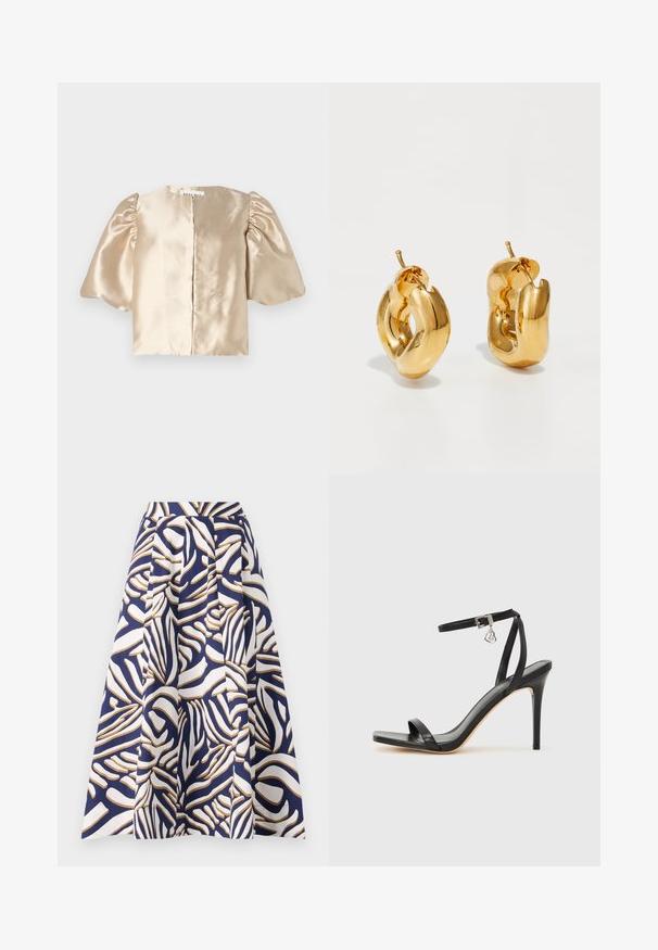 Satin beige cropped top med puffede ærmer, rund halsudskæring og central lukning. Designet har en glat tekstur med en diskret glans.; En knælang nederdel lavet af bomuld med en marineblå baggrund og dristige hvide og gyldne abstrakte mønstre; plisseret design tilføjer volume.; Sort hæl-sandal med smal ankrem, firkantet tå-boks, glat lædermateriale og metalspænde som pynt.; Chunky guld hoop øreringe med et let snoet, rørformet design og postsystem bagpå, på en hvid baggrund.