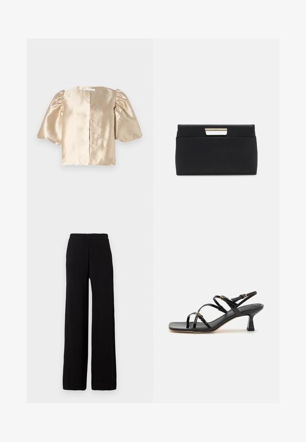 Crop top beige en satin avec des manches bouffantes, un col rond et une fermeture centrale. Le design présente une texture lisse avec un léger éclat.; Pantalon noir à jambes larges en tissu doux avec une taille élastique, présentant un design épuré sans motifs ni accents visibles.; Sandales à strapes en cuir verni noir avec un bout carré et un petit talon carré. Présente des accessoires en métal doré et des brides de cheville réglables.; Pochette en cuir noir de forme rectangulaire. Présente un accent de poignée métallique au niveau de la fermeture, une texture lisse et un design minimaliste.