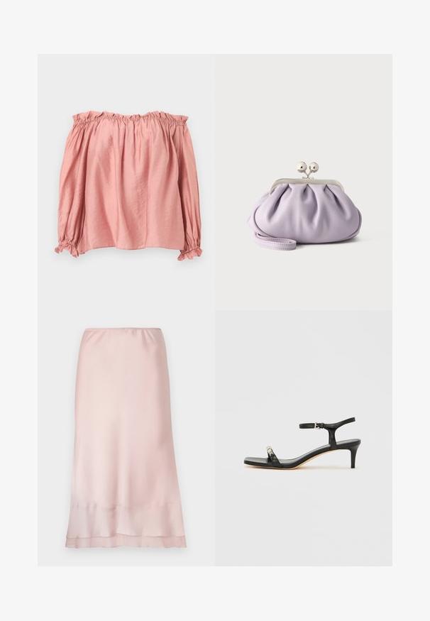 Zachte roze off-shoulder blouse met lange pofmouwen, elastische gerimpelde halslijn en manchetten, plat gelegd op een lichte achtergrond.; Lichtroze satijnen midi-jurk met elastische tailleband en gelaagde zoomdetail, weergegeven op een effen witte achtergrond.; Zwarte leren sandaal met hak, enkelbandje, open neus, vierkante voorkant en zilverkleurige accenten. Gesloten ontwerp met een slank profiel.; Zachte lavendelkleurige clutch met geplooide stof, zilveren kiss-lock sluiting en bijpassend polsbandje op een effen lichte achtergrond.