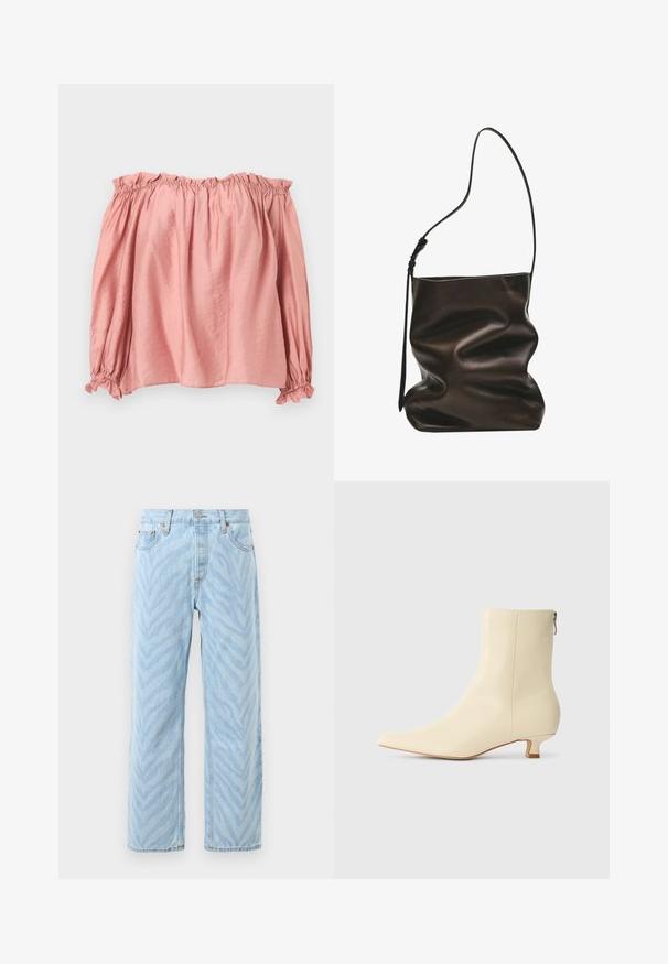 Blouse rose pâle à épaules dénudées avec manches longues bouffantes, col et poignets à volants élastiques, posée à plat sur un fond clair.; Jeans droit light blue avec un motif subtil de rayures zèbres, fermeture par bouton et zip, et design à cinq poches.; Bottine beige en cuir lisse, bout pointu, petit talon carré et fermeture éclair latérale pour un enfilage facile.; Sac bandoulière en cuir noir souple avec une longue bandoulière réglable et une forme molle et non structurée.