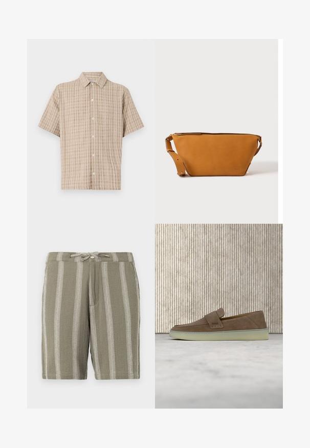 Kurzärmliges, kragenloses Hemd in Beige mit einem karierten Muster. Hergestellt aus einem strukturierten Stoff, mit einer durchgehenden Knopfleiste und einer lockeren Passform.; Grüne Shorts aus strukturiertem Stoff mit vertikalen weißen Streifen, einem verstellbaren Kordelzugbund und schrägen Seitentaschen.; Beiger Wildleder-Slipper mit weißer Gummisohle und BOSS-Logo auf der seitlichen Riemen, präsentiert vor einem schlichten neutralen Hintergrund.; Hellbraune Leder-Umhängetasche mit verstellbarem Schulterriemen und Reißverschluss, vor einem schlichten hellen Hintergrund gezeigt.