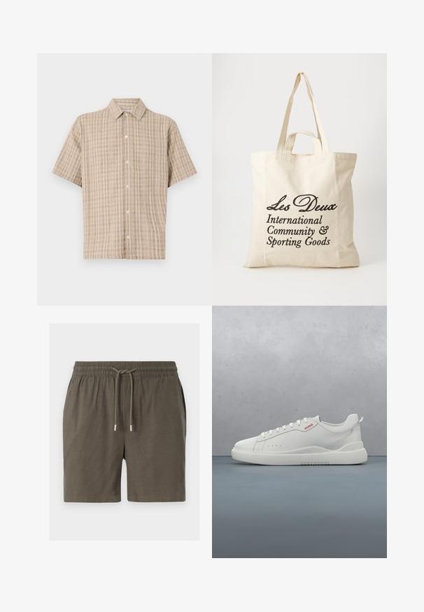 Chemise à manches courtes, avec col, de couleur beige et à motif carreaux. Fabriquée en tissu texturé, avec un devant à boutons et une coupe décontractée.; Shorts vert foncé avec une taille élastique, fermeture à cordon de serrage et une texture lisse et légère. Pas de poches visibles ni de motifs.; Sneaker blanche avec une finition en cuir lisse, bout rond, quatre œillets, perforations subtiles et un détail de logo rouge sur le côté.; Sac tote en coton beige avec deux poignées robustes. Présente un texte imprimé en noir : "Les Deux International Community & Sporting Goods."