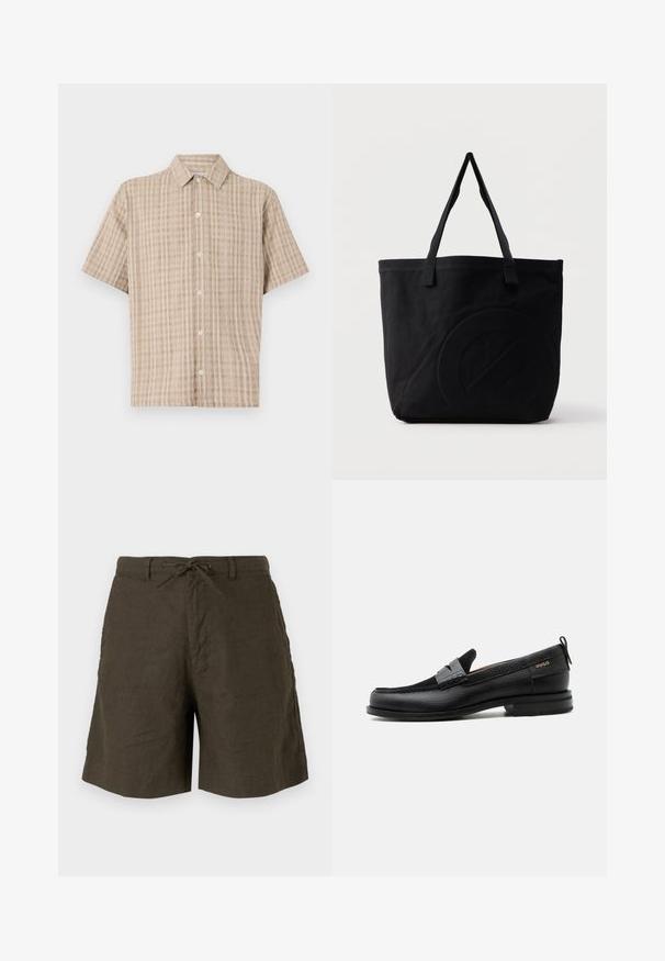 Kortærmet, krave skjorte i beige med ternet mønster. Fremstillet af et struktureret stof, med en knap-ned front og en afslappet pasform.; Kaki shorts lavet af hør, med elastisk talje, sidelommer og en afslappet pasform med en glat tekstur.; Sort læderloafer med grå remdetalje, lav hæl og tekstureret sål, mærket med "HUGO" i guld på siden.; Sort canvas-tote-taske med to skulderstropper og et diskret præget cirkeldesign på fronten.