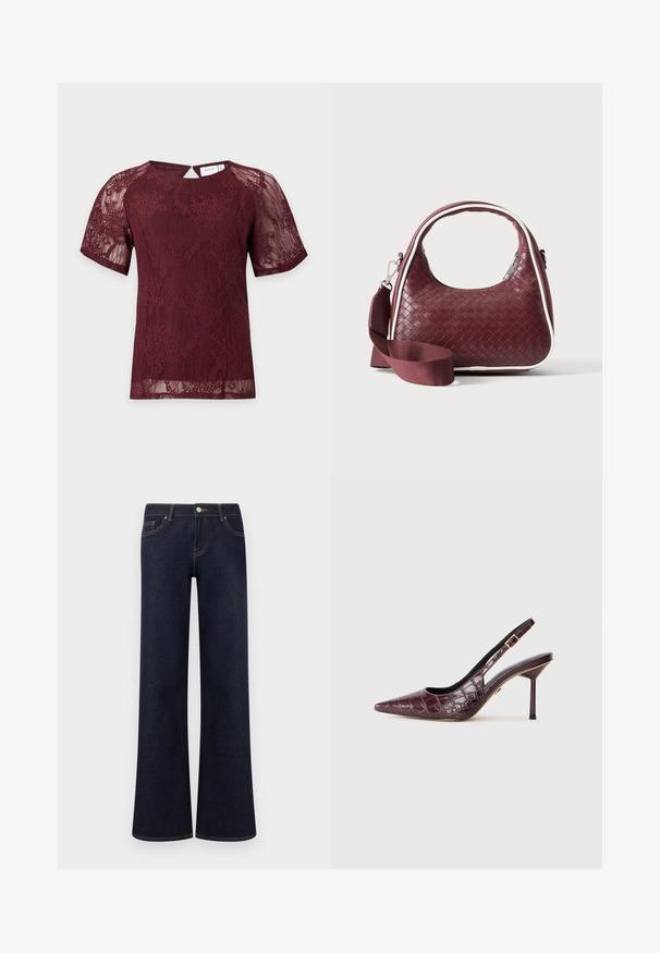 Kurzärmlige bordeauxrote Spitzenbluse mit Blumenmustern, rundem Ausschnitt und kleinem Knopfverschluss im Rücken.; Dunkelblaue Denim-Jeans mit weiter Beinform, vorne Taschen, Knopf- und Reißverschluss sowie sichtbaren Kontrastnähten.; Bordeauxfarbene, spitz zulaufende Slingback-Absätze mit Krokodilprägung, dünnem Absatz und seitlichem Schnallen-Detail. Glatte Innenauskleidung.; Dunkelrote gewebte Ledertasche mit gebogenem Griff, weißem Besatz, silbernem Reißverschluss und abnehmbarem breitem Stoff-Schulterriemen vor einfarbigem Hintergrund.