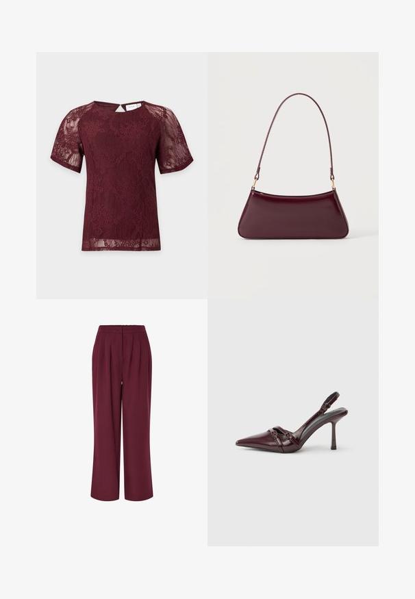 Blusa de encaje burdeos de manga corta con estampados florales, escote redondo y pequeño cierre con botón en la parte trasera.; Pantalones de pierna ancha en tejido burdeos, con pliegues frontales y una cinturilla elástica. Textura suave, diseño de largo completo.; Zapato de tacón slingback de charol burdeos con puntera puntiaguda, fina correa en el tobillo y pequeño detalle decorativo de hebilla. Textura suave y tacón alto.; Bolso brillante de color burdeos oscuro con un asa fina y única y una forma elegante de trapecio sobre un fondo claro y liso.