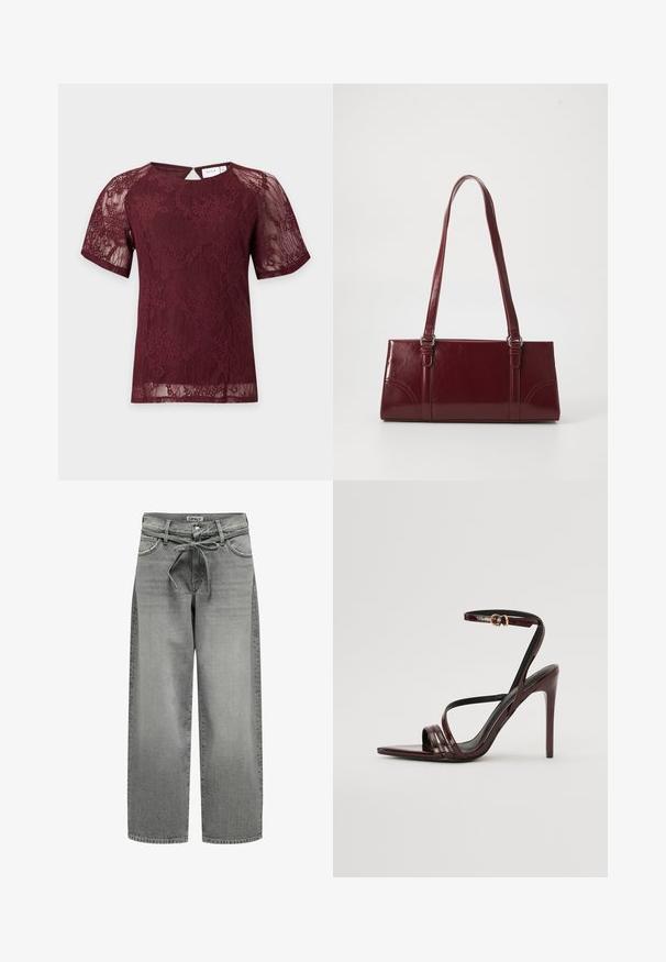 Bordeauxkleurige kanten blouse met korte mouwen, bloemenpatronen, een ronde hals en een kleine knoopsluiting aan de achterkant.; Grijze denim jeans met wijde pijpen, een trekkoord in de taille en voorzakken. De stof heeft een lichte textuur en een vervaagde afwerking.; Bordeaux gepatineerde leren hoge hakken sandaal met een enkelbandje, puntige neus en drie horizontale banden over de voet. Details met gouden gesp.; Bourgondische handtas van glanzend materiaal, rechthoekige vorm, met twee schouderbanden en subtiele gebogen accenten aan de voorkant.