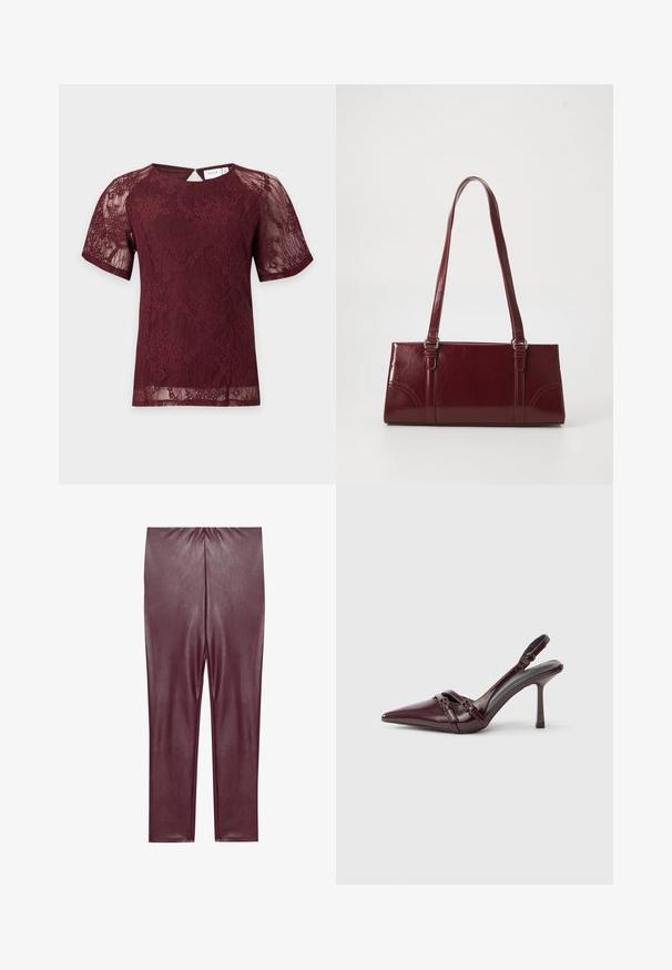 Blusa de encaje burdeos de manga corta con estampados florales, escote redondo y pequeño cierre con botón en la parte trasera.; Leggings de cuero sintético burdeos con una textura suave, cintura alta y un diseño ajustado, que llegan hasta los tobillos sin detalles adicionales.; Zapato de tacón slingback de charol burdeos con puntera puntiaguda, fina correa en el tobillo y pequeño detalle decorativo de hebilla. Textura suave y tacón alto.; Bolso burdeos hecho de material brillante, de forma rectangular, con dos asas para el hombro y sutiles acentos curvados en la parte frontal.