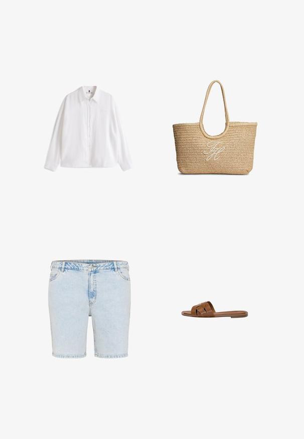 Hvid langærmet skjorte med knapper og krave, ensfarvet design og diskret stribet mærkat indeni kraven, vist på hvid baggrund.; Lyseblå denimshorts med lige snit, fem lommer og synlige stikninger. Har en lukning med knap og lynlås.; Brun læder slide sandal med krydsede stropper, flad sål og en glat overflade. Enkel design uden udsmykninger eller mønstre.; Flettet beige stråtaske med runde håndtag og hvide broderede kursivinitialer midt på forsiden.