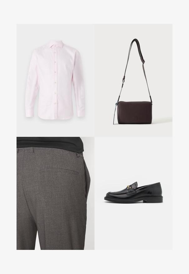 Camisa de manga larga rosa hecha de una tela suave; presenta un cierre de botones en la parte delantera con botones blancos y un cuello clásico.; Pantalones grises ajustados con una textura suave, que cuentan con un bolsillo trasero y un diseño slim fit. La tela tiene un patrón sutil.; Mocasines de cuero negro con punta redondeada, que cuentan con un detalle de herrajes dorados y costuras, situados sobre una suela de goma texturizada y baja.; Bolso bandolera de cuero marrón oscuro con textura, correa ajustable y pequeño adorno decorativo azul en el lateral.