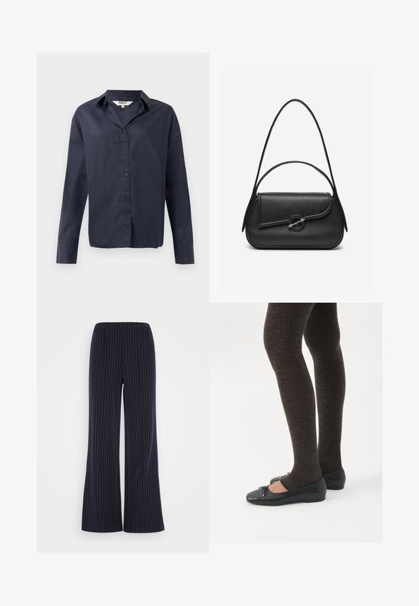 Chemise à manches longues bleu marine foncé avec col pointu et coupe décontractée, présentée sur fond blanc.; Pantalon large bleu marine avec des rayures verticales blanches, taille élastique et texture de tissu douce, offrant une coupe décontractée.; Jambes portant des leggings côtelés foncés associés à des ballerines noires avec de petits détails en nœud sur fond blanc.; Sac à main en cuir noir avec bords arrondis, rabat asymétrique, fermoir circulaire en métal, et des bandoulières courtes et longues.