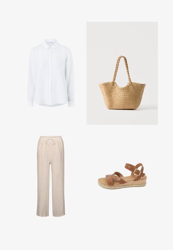 Chemise blanche à manches longues en lin, avec un devant à boutons, un col classique et des manches à poignet. Texture lisse avec une apparence légère.; Pantalons en lin beige clair avec une taille élastique et un cordon de serrage, présentant une coupe décontractée et une jambe droite.; Sandale compensée en cuir marron avec deux brides, une bride cheville avec boucle dorée, semelle en liège et bordure en jute tressée.; Sac cabas en paille tressée avec large base, poignées tressées et couleur beige naturel sur fond blanc uni.