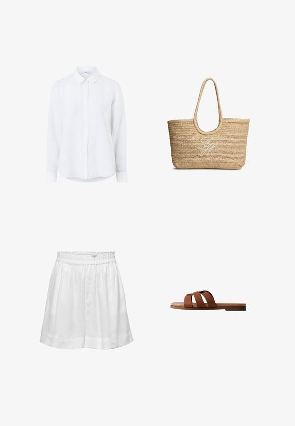 Camisa blanca de manga larga hecha de lino con un cierre de botones al frente, cuello clásico y mangas con puños. Textura suave con una apariencia ligera.; Pantalones cortos de lino blanco con cintura elástica y corte relajado. Presentan una textura suave y dobladillos con puños para un detalle adicional.; Sandalia plana marrón con tres amplias correas de cuero que cruzan el pie y una suela ligeramente elevada en el talón.; Bolso tote de paja beige tejido con asas redondeadas y iniciales en cursiva bordadas en blanco en el centro delantero.
