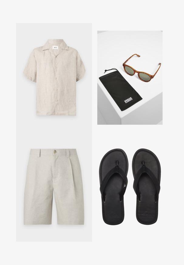 Camisa de lino beige de manga corta con cuello y botones delanteros, con una etiqueta blanca visible dentro del cuello que dice "NN.07".; Pantalones cortos beige a medida con tablas en la parte delantera, trabillas para cinturón y cierre de un solo botón en la cintura.; Chanclas negras hechas de material suave, con una tira estilo thong, planta texturizada y logo en relieve en la suela.; Gafas de sol carey con lentes verdes, con montura redonda. Acompañadas de un saquito negro con cordón y el logo "URBAN CLASSICS".
