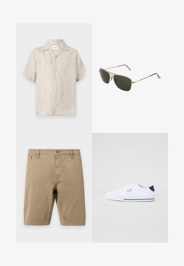 Chemise en lin beige à manches courtes avec col et boutons devant, avec une étiquette blanche visible à l’intérieur du col indiquant « NN.07 ».; Shorts en coton beige longueur genou avec fermeture avant à boutons et fermeture éclair, passants pour ceinture et deux poches avant.; Baskets en toile blanches avec un accent de talon marine, semelle en caoutchouc plate, bout rond et lacets blancs. Présente un logo sur le côté.; Lunettes de soleil aviateur en métal doré avec de grandes lentilles vert foncé, dotées d'une monture fine et de plaquettes de nez transparentes pour plus de confort.