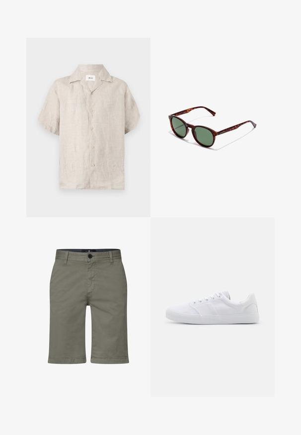 Camisa de lino beige de manga corta con cuello y botones delanteros, con una etiqueta blanca visible dentro del cuello que dice "NN.07".; Bermudas caqui con una mezcla de algodón suave, que cuentan con una cremallera, cierre de botón y bolsillos frontales. Diseño de pierna recta, ajuste hasta la rodilla.; Zapatillas de lona blancas con suela de goma, que cuentan con seis ojales, una puntera texturizada y un diseño minimalista.; Gafas de sol de carey marrón con montura redondeada, lentes verdes y brazos de patilla con patrón. Presenta el logo de la marca en un brazo.