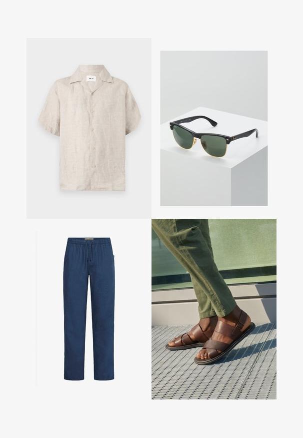 Chemise en lin beige à manches courtes avec col et boutons devant, avec une étiquette blanche visible à l’intérieur du col indiquant « NN.07 ».; Pantalon en lin bleu marine avec une taille élastique, un cordon de serrage et une coupe droite. Texture lisse, sans motifs ni accents visibles.; Sandales en cuir marron avec un design à lanières, ornées d'un détail de boucle, portées avec un pantalon vert sur une surface texturée.; Lunettes de soleil Ray-Ban avec des verres verts, monture en plastique noir et accents dorés sur les bords. Forme carrée avec une finition mate.