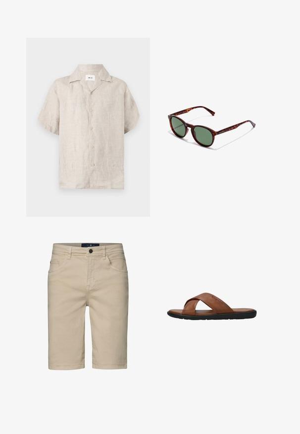 Beiges kurzärmeliges Leinenhemd mit Kragen und vorderen Knöpfen, mit einem sichtbaren weißen Etikett innen im Kragen mit der Aufschrift „NN.07“.; Beige Denim-Shorts mit geradem Schnitt, fünf Taschen, einem Knopfverschluss und genähten Details. Glatte Textur und knielanges Design.; Braune Ledersandale mit überkreuzten Riemen, flacher schwarzer Sohle und "bugatti" Prägung auf dem oberen Riemen, seitliche Ansicht vor weißem Hintergrund.; Braune Schildpatt-Sonnenbrille mit runden Rahmen, grünen Gläsern und gemusterten Bügeln. Mit Markenlogo an einem Bügel.