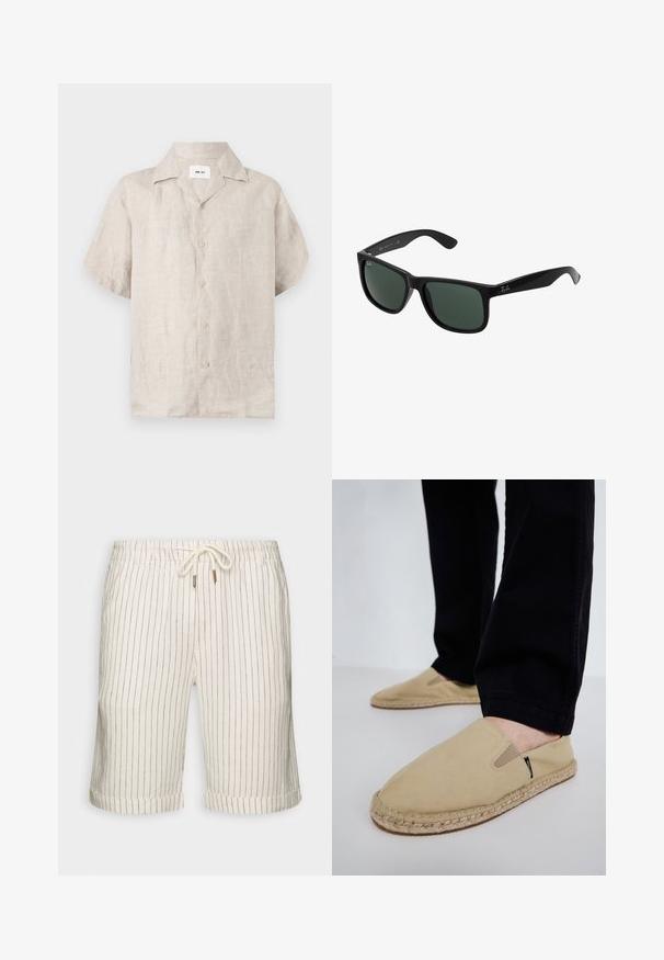 Chemise en lin beige à manches courtes avec col et boutons devant, avec une étiquette blanche visible à l’intérieur du col indiquant « NN.07 ».; Shorts en mélange de lin couleur beige clair avec de légères rayures verticales marron. Dotés d'une taille élastique avec cordon de serrage et d'ourlets roulés.; Chaussures slip-on en toile beige avec des goring élastiques, semelle en corde de jute et coutures contrastantes. Portées avec un pantalon noir fuselé.; Lunettes de soleil en plastique noir avec des verres verts, présentant une monture carrée, une finition lisse et le logo Ray-Ban bien visible sur les branches.