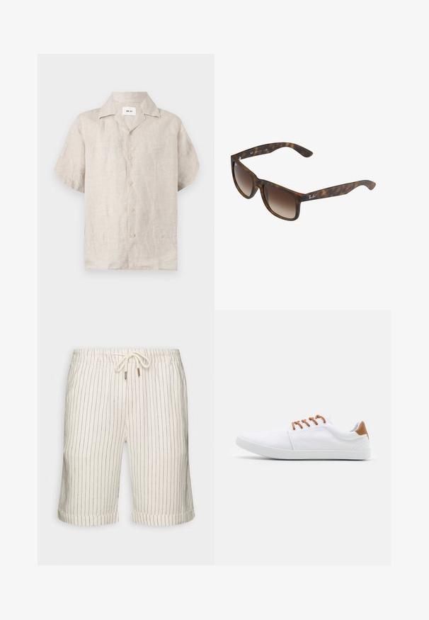 Chemise en lin beige à manches courtes avec col et boutons devant, avec une étiquette blanche visible à l’intérieur du col indiquant « NN.07 ».; Shorts en mélange de lin couleur beige clair avec de légères rayures verticales marron. Dotés d'une taille élastique avec cordon de serrage et d'ourlets roulés.; Baskets en toile blanches avec des accents marron, dotées de lacets plats, d'une silhouette basse et d'une semelle en caoutchouc texturée.; Lunettes de soleil en écaille de tortue avec des verres dégradés bruns, de forme rectangulaire, avec des montures épaisses et un accent de logo en argent sur le côté.