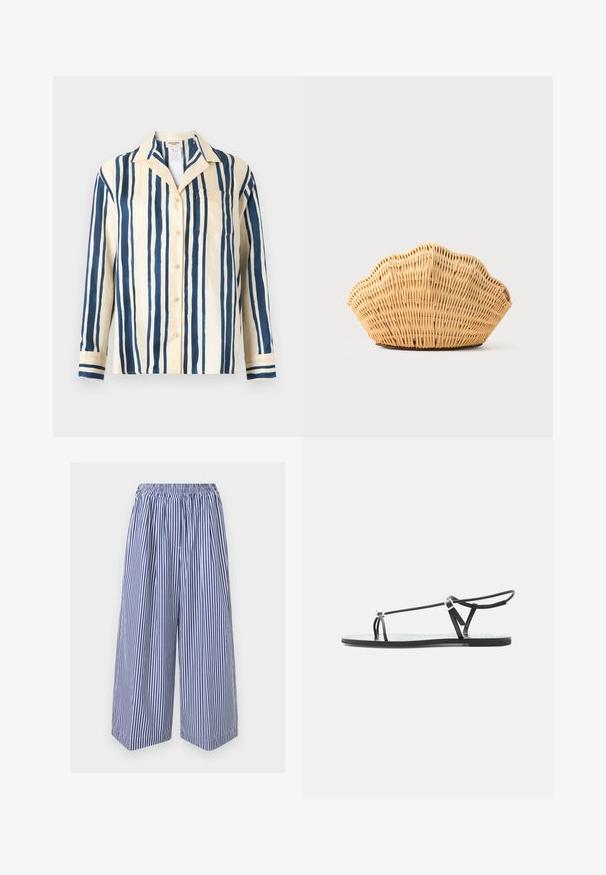 Chemise à manches longues boutonnée avec fond crème et rayures verticales bleu marine, avec une poche poitrine avant et un col.; Pantalon court à jambes larges rayé verticalement bleu et blanc, taille élastique et coupe ample.; Sandale plate noire avec fines lanières, une boucle pour les orteils et une boucle de cheville ajustable sur un fond gris clair.; Sac à main en rotin tissé en forme de coquille Saint-Jacques de couleur brun clair naturel avec des bords arrondis et texturés.
