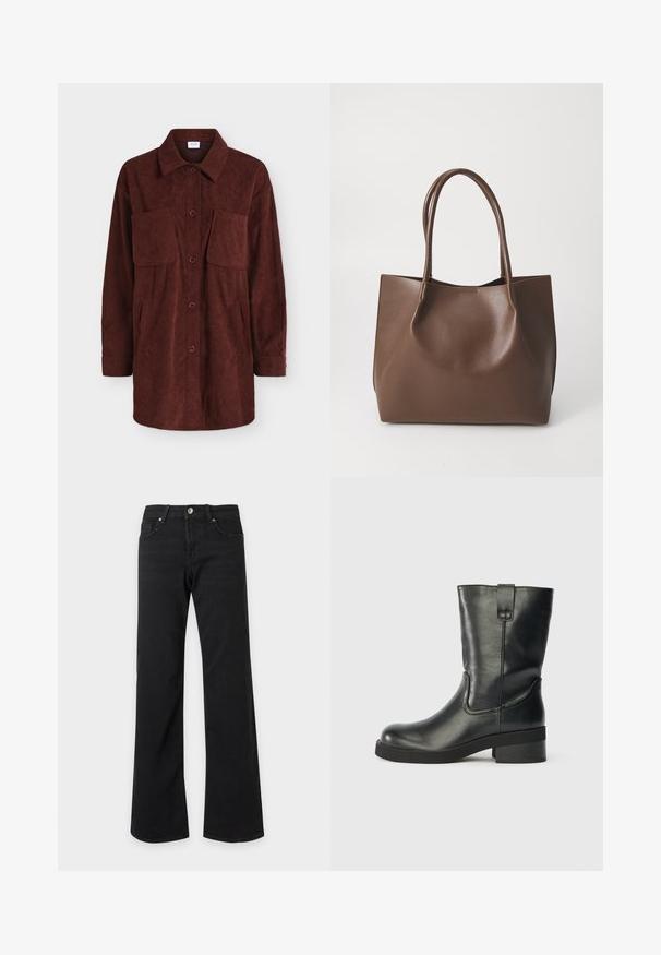 Veste en velours côtelé marron foncé à manches longues avec col, cinq boutons devant, deux grandes poches poitrine et deux poches latérales.; Jean noir taille haute avec jambes droites et larges, poches avant, passants de ceinture et fermeture par bouton métallique sur fond blanc.; Botte en cuir noire mi-mollet avec un petit talon, bout rond et une languette sur le côté, sur un fond uni.; Sac en cuir marron avec deux longues poignées, forme structurée, texture lisse et design minimaliste. Aucun matériel ni accent visible.