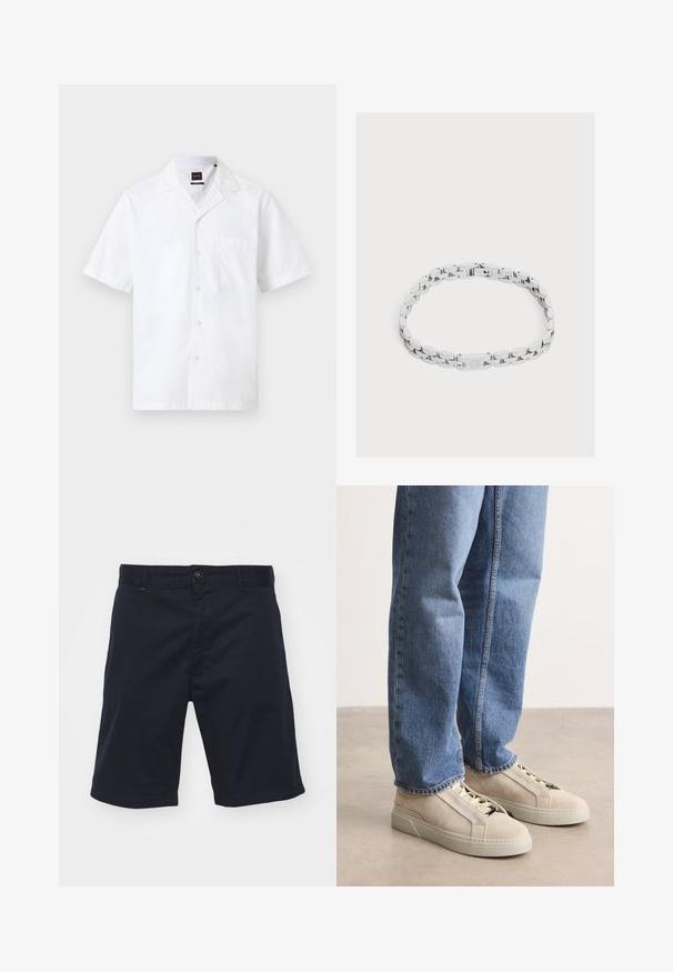 Herren weißes kurzärmeliges Hemd mit Knopfleiste, aufgesetzter Brusttasche und Hemdkragen.; Navyblaue Baumwollshorts mit Knopfverschluss, geradem Schnitt und Seitentaschen. Sie verfügen über eine glatte Textur und ein schlichtes Design.; BOSS GARYTENN_SDHDEL - Sneaker low - natural ten; Silbernes Metallkettenglieder-Armband mit ovalen Gliedern und einem rechteckigen Verschluss, graviert mit einem stilisierten Buchstaben B auf weißem Hintergrund.